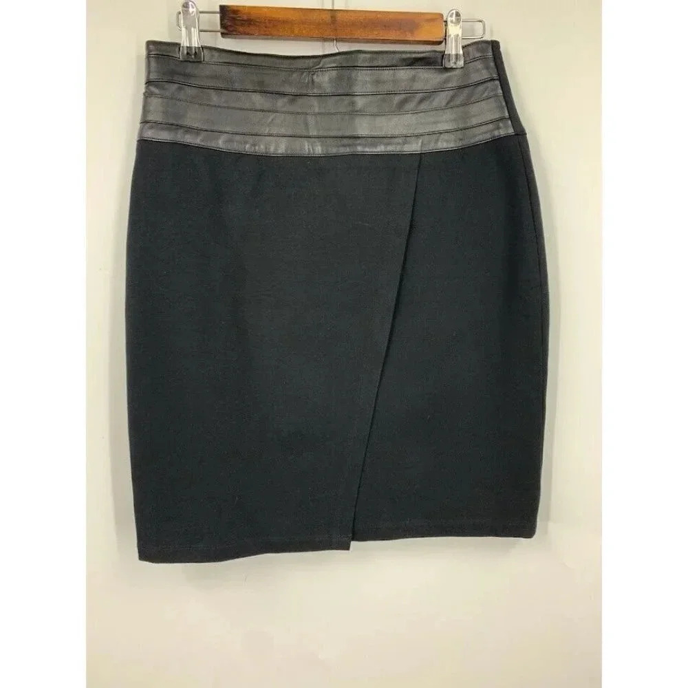Saks‎ Fifth Ave Black Mini Faux Leather Waist Band Faux Wrap Look Skirt Sz 4 NWT